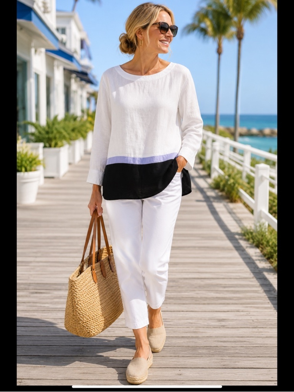 Tyler Boe 100% Linen Colorblock Tunic Blouse White Lavender Navy Size L - Picture 2 of 16